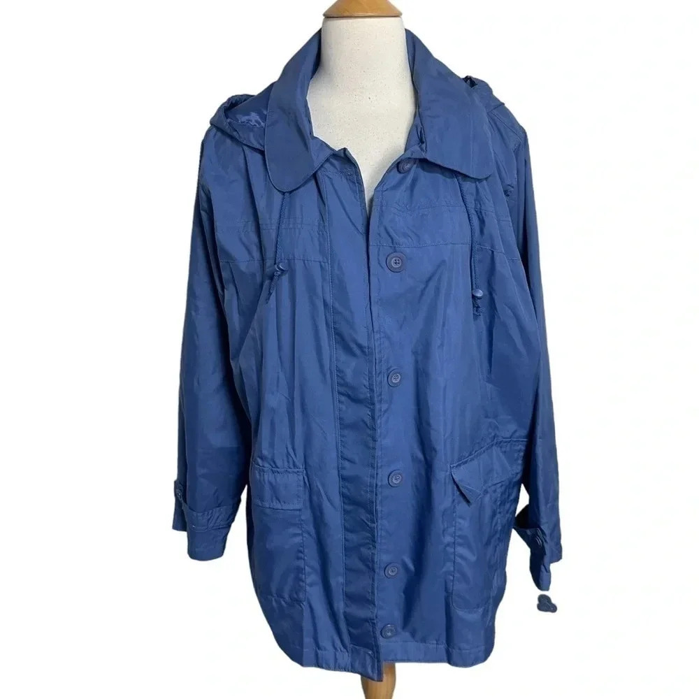 Tudor Court Rain Jacket XL Blue Detachable Hood Button Front Utility‎ Anorak